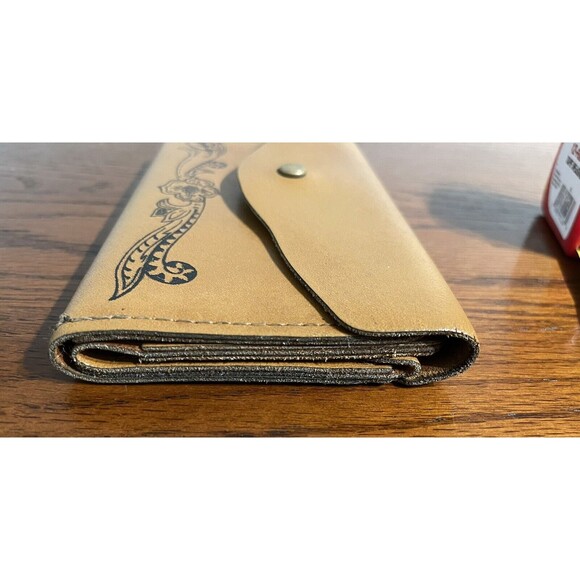 Vintage Womens Checkbook Leather Wallet Painted Flower Tan Brown - Picture 10 of 10